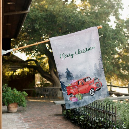 Vintage Watercolor Red Christmas Holiday Truck House Flag