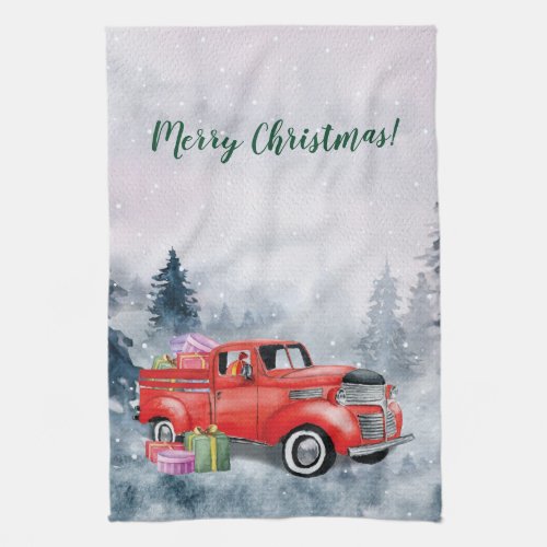 Vintage Watercolor Red Christmas Holiday Truck Kitchen Towel