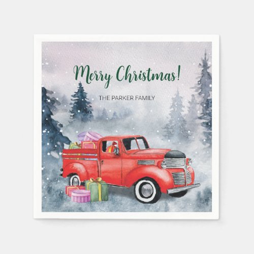 Vintage Watercolor Red Christmas Holiday Truck Napkins
