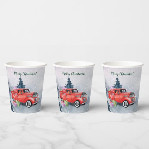 Vintage Watercolor Red Christmas Holiday Truck Paper Cups