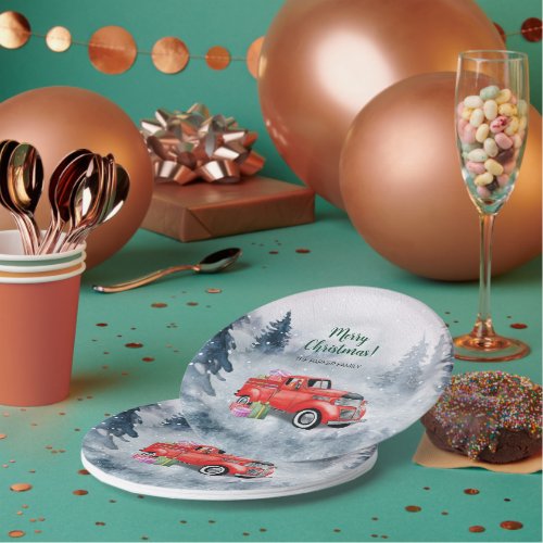 Vintage Watercolor Red Christmas Holiday Truck Paper Plates