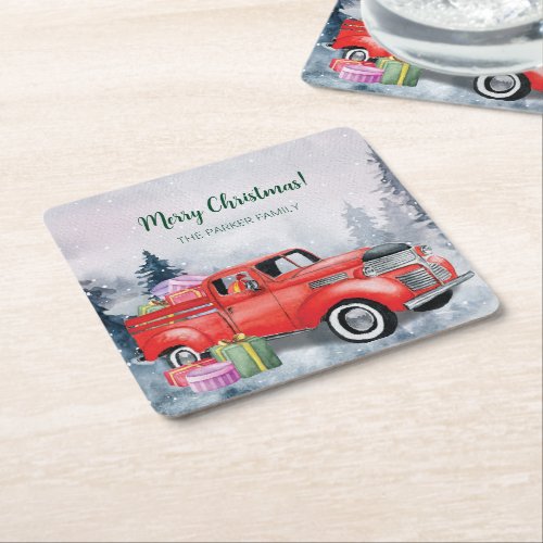 Vintage Watercolor Red Christmas Holiday Truck Square Paper Coaster