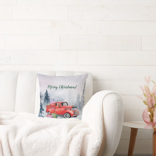 Vintage Watercolor Red Christmas Holiday Truck Throw Pillow