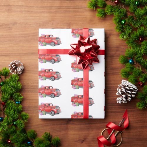 Vintage Watercolor Red Christmas Holiday Truck  Wrapping Paper