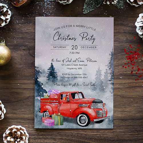 Vintage Watercolor Red Christmas Truck Party Invitation
