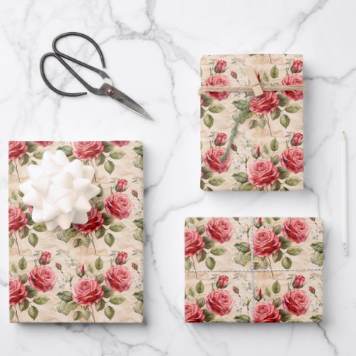Vintage watercolor red French roses greenery Wrapping Paper Sheets