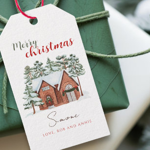 Vintage Watercolor Red Green Christmas Tree Gift Tags