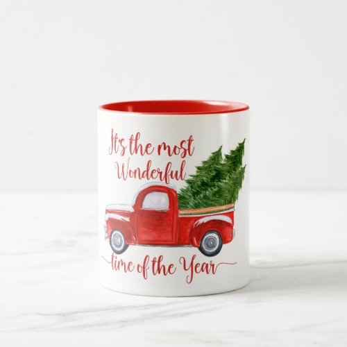 Vintage Watercolor Red Green Truck Christmas Quote Two_Tone Coffee Mug