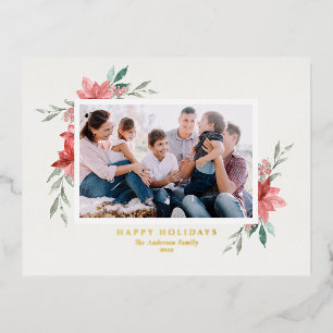 Vintage Watercolor Red Poinsettia Photo Foil Holiday Postcard