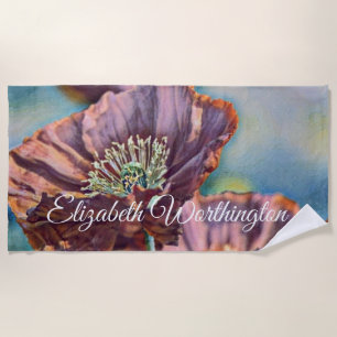 Vintage Watercolor Red Purple Poppy Flowers Beach Towel