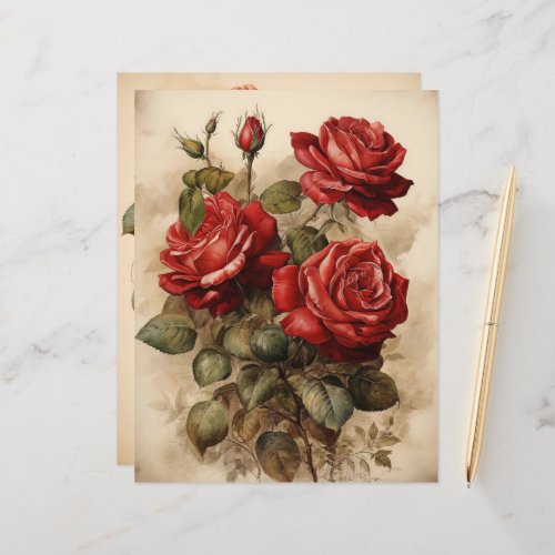 Vintage Watercolor Red Roses Paper Craft Cardstock
