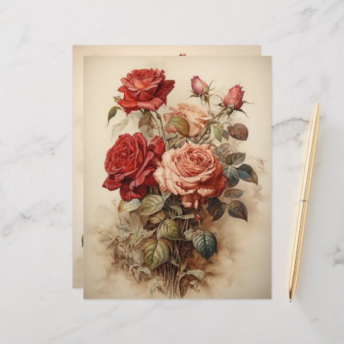 Vintage Watercolor Red Roses Paper Craft Cardstock