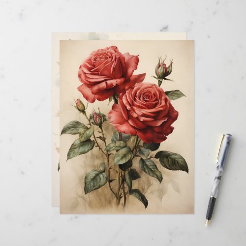 Vintage Watercolor Red Roses Paper Craft Cardstock