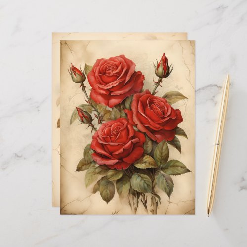 Vintage Watercolor Red Roses Paper Craft Cardstock