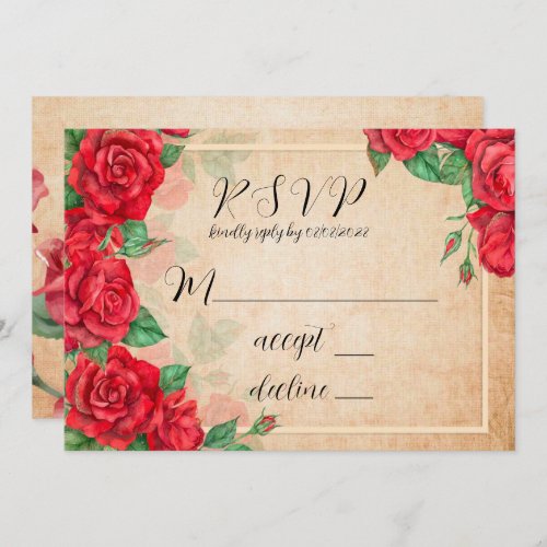 Vintage Watercolor Red Roses Wedding RSVP Cards
