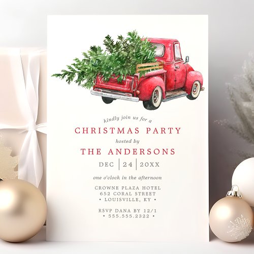 Vintage Watercolor Red Truck Christmas Party Invitation