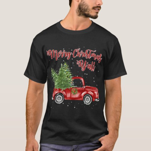 Vintage Watercolor Red Truck With Merry Christmas  T_Shirt