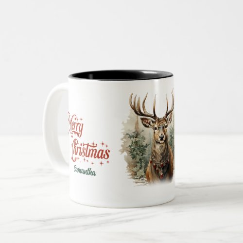 Vintage watercolor reindeer and Christmas wreath Two_Tone Coffee Mug