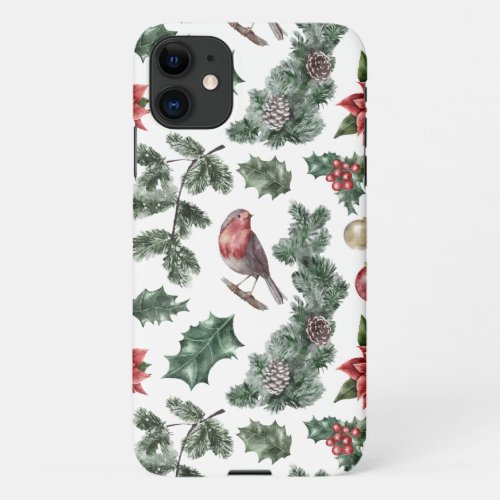 Vintage Watercolor Robin Christmas Pattern iPhone 11 Case