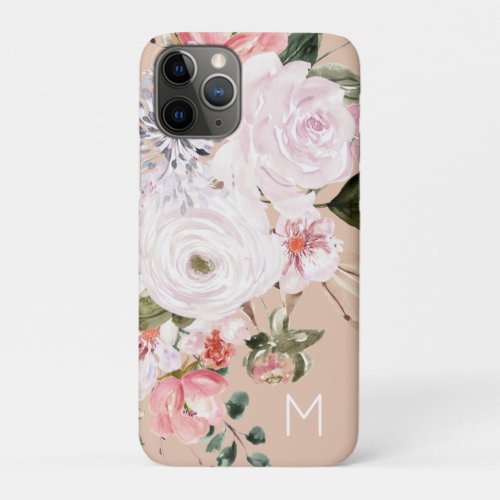 Vintage Watercolor Rose Gold  Pink Peony Monogram iPhone 11 Pro Case