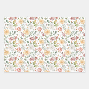 Vintage Watercolor Roses and Greenery Pattern Wrapping Paper Sheets