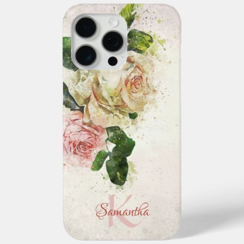 Vintage Watercolor Roses Blush Pink Name Monogram iPhone 15 Pro Max Case