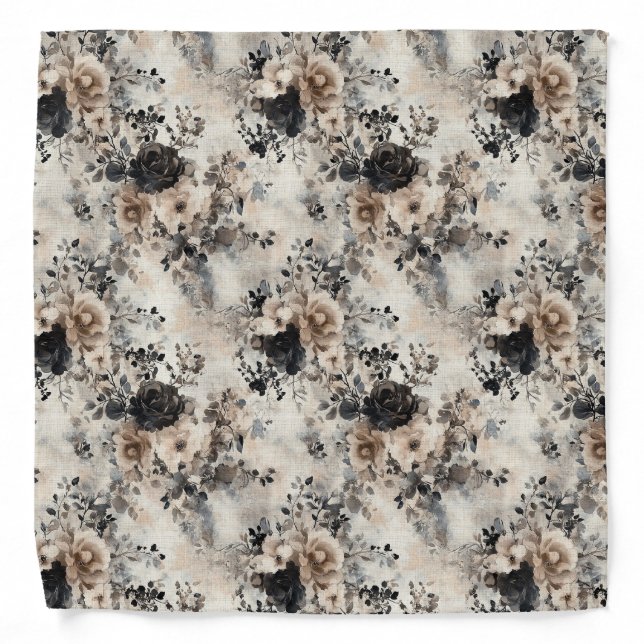 Vintage Watercolor Roses in Beige, Black, Cream Bandana (Front)