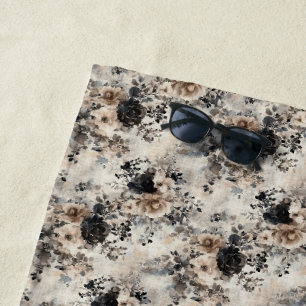 Vintage Watercolor Roses in Beige, Black, Cream Beach Towel
