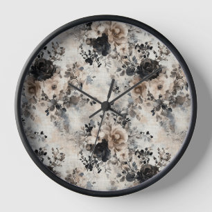 Vintage Watercolor Roses in Beige, Black, Cream Clock