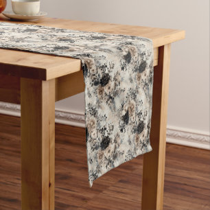 Vintage Watercolor Roses in Beige, Black, Cream Long Table Runner
