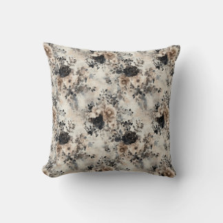 Vintage Watercolor Roses in Beige, Black, Cream Throw Pillow