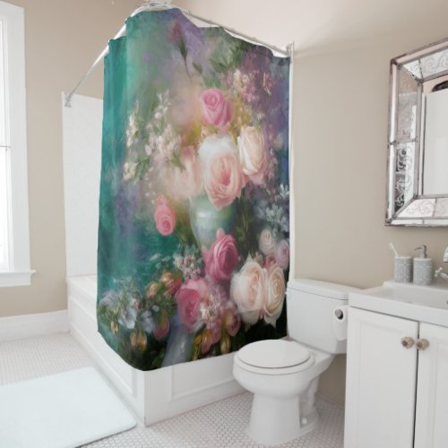 Vintage Watercolor Roses Painted In All Colors Shower Curtain