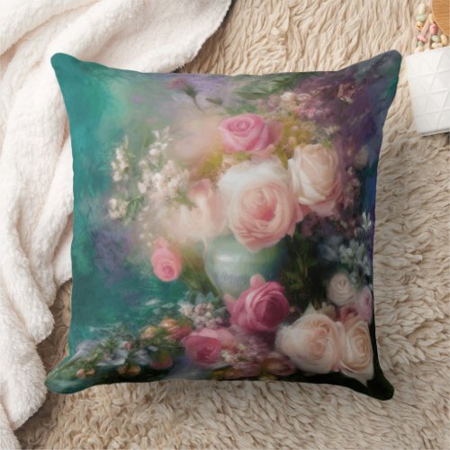 Vintage Watercolor Roses Painted In All Colors Throw Pillow
