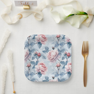 Vintage, Watercolor Roses Paper Plates
