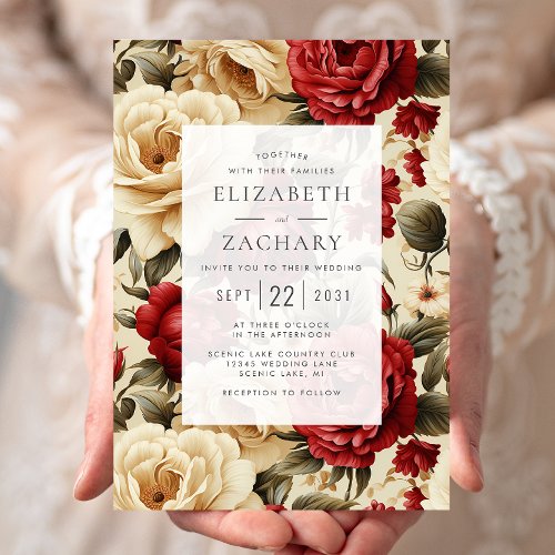 Vintage Watercolor Roses Red Ivory Green Wedding Invitation