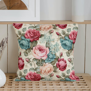 Vintage Watercolor Roses Throw Pillow