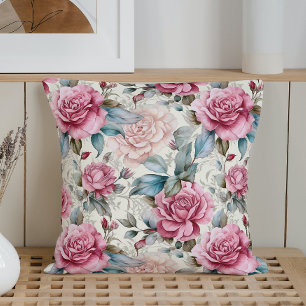 Vintage Watercolor Roses Throw Pillow