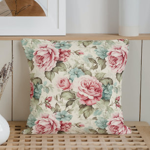 Vintage Watercolor Roses Throw Pillow