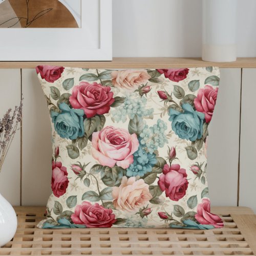 Vintage Watercolor Roses Throw Pillow