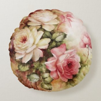 Vintage Watercolor Roses Victorian Flowers Floral Round Pillow by riverme at Zazzle