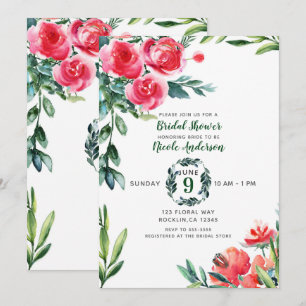 Vintage Watercolor Rustic Poppy Red Floral Leaves Invitation