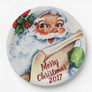 Vintage Watercolor Santa Claus Merry Christmas Paper Plates