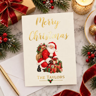 Vintage Watercolor Santa Merry Christmas Foil Holiday Card