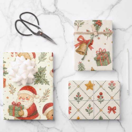 Vintage Watercolor Santa & Teddy Bear Christmas Wrapping Paper Sheets