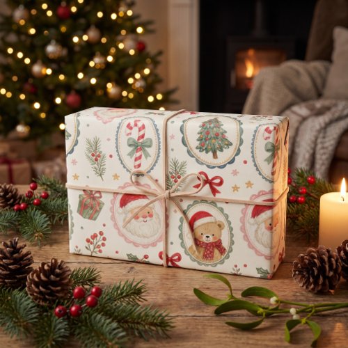 Vintage Watercolor Santa & Teddy Bear Christmas Wrapping Paper Sheets