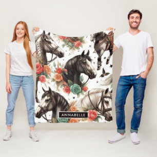 Vintage Watercolor Seamless Horse Painting Fleece Blanket