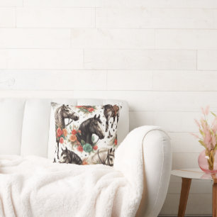 Vintage Watercolor Seamless Horse Painting Throw Pillow
