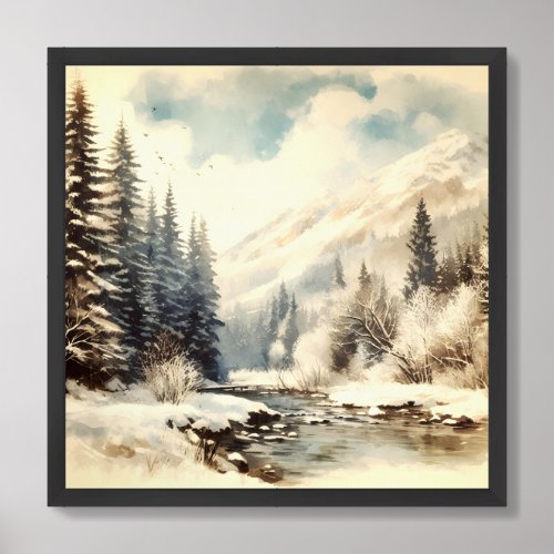 Vintage watercolor sepia winter forest art poster