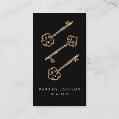 Vintage Watercolor Skeleton Key Real Estate Black Business Card