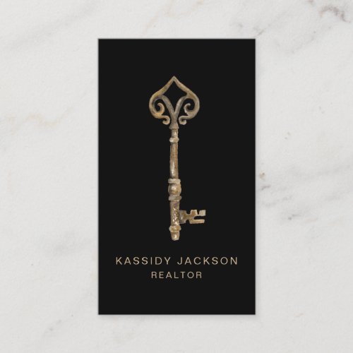 Vintage Watercolor Skeleton Key Real Estate Black Business Card